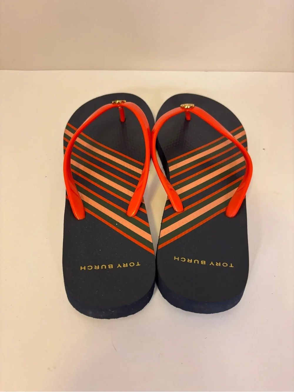 Tory Burch Navy Flip Flops with Orange Straps Sandals Women’s 9